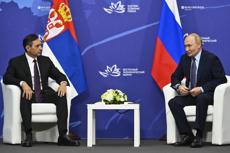 Russian President Vladimir Putin, right, speaks to Serbian Deputy Prime Minister Aleksandar Vulin during their meeting on the sidelines of the Eastern Economic Forum in Vladivostok, Russia Wednesday, Sept. 4, 2024. (Kristina Kormilitsyna, Sputnik, Kremlin Pool Photo via AP)