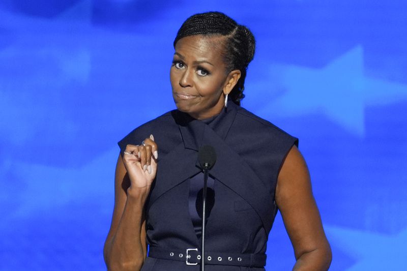 Former first lady Michelle Obama speaking during the Democratic National Convention Tuesday, Aug. 20, 2024, in Chicago. (AP Photo/J. Scott Applewhite)