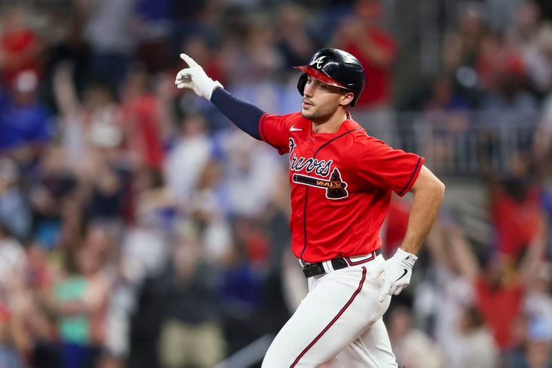 Atlanta Braves’ Matt Olson reacts after hitting a solo home run during the eighth inning against the Seattle Mariners at Truist Park, Friday, May 19, 2023, in Atlanta. Braves won 6-2. (Jason Getz / Jason.Getz@ajc.com)