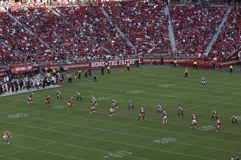 Special teams players stand in formation as San Francisco 49ers kicker Jake Moody, bottom left, kicks off during the second half of a preseason NFL football game against the New Orleans Saints in Santa Clara, Calif., Sunday, Aug. 18, 2024. (AP Photo/Jed Jacobsohn)