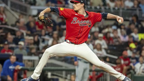 Atlanta Braves pitcher Max Fried throws in the fourth inning of a baseball game against the Kansas City Royals, Friday, Sept. 27, 2024, in Atlanta. The Braves won 3-0. (AP Photo/Jason Allen)