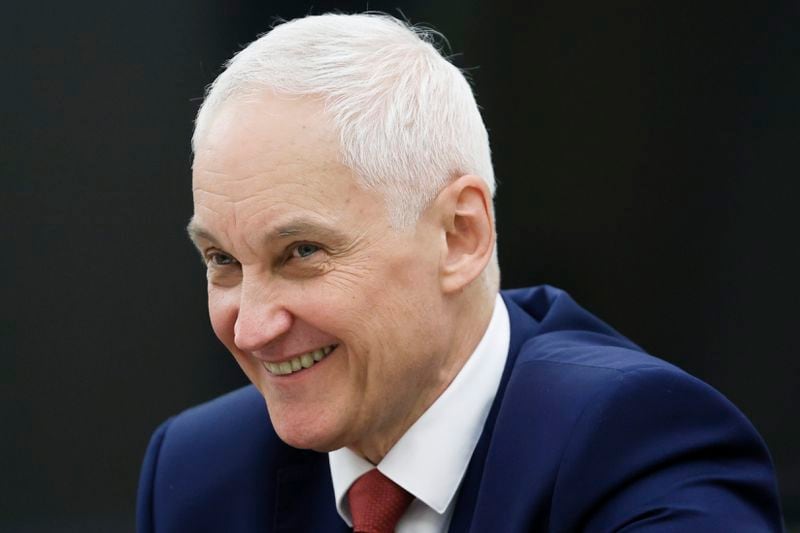 Russian Defense Minister Andrei Belousov smiles attending the Security Council meeting on nuclear deterrence led by Russian President Vladimir Putin at the Kremlin in Moscow, Russia, Wednesday, Sept. 25, 2024. (Alexander Kazakov, Sputnik, Kremlin Pool Photo via AP)