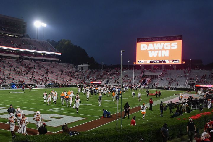 Players leave the field after a football game pitting Georgia against Tennessee on Saturday, Oct. 10, 2020, at Sanford Stadium in Athens. Georgia won 44-21. JOHN AMIS FOR THE ATLANTA JOURNAL- CONSTITUTION