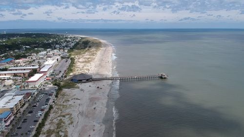 Aerial view of Tybee Island Beach. A recent study in the scientific journal Nature found about 135 square miles of land around Savannah are at risk of flooding during high tide today, the most exposed area of 32 U.S. coastal cities examined.  HYOSUB SHIN / AJC