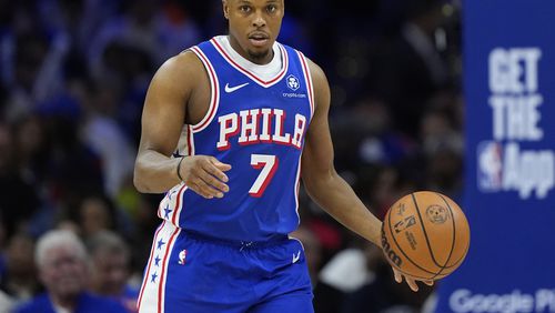 FILE - Philadelphia 76ers' Kyle Lowry plays during Game 3 in an NBA basketball first-round playoff series April 25, 2024, in Philadelphia. Lowry says he is re-signing with his hometown 76ers. The six-time All-Star guard announced his decision on Instagram, Thursday, July 11, 2024. ESPN reported that the 38-year-old Lowry is agreeing to a one-year deal. (AP Photo/Matt Slocum, File)