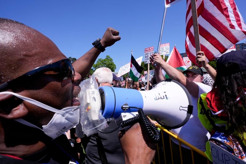 Protesters demonstrate at Union Park before a march to the Democratic National Convention Monday, Aug. 19, 2024, in Chicago. (AP Photo/Alex Brandon)