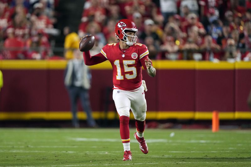 Kansas City Chiefs quarterback Patrick Mahomes looks to pass during the second half of an NFL football game against the Baltimore Ravens Thursday, Sept. 5, 2024, in Kansas City, Mo. (AP Photo/Charlie Riedel)