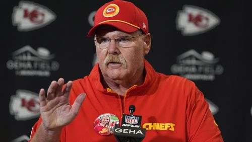 Kansas City Chiefs head coach Andy Reid speaks during a news conference following an NFL football game against the Baltimore Ravens Thursday, Sept. 5, 2024, in Kansas City, Mo. The Chiefs won 27-20. (AP Photo/Charlie Riedel)