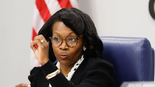 Cobb County Commission Chairwoman Lisa Cupid speaks at a board meeting on June 11, 2024, in Marietta.
(Miguel Martinez / AJC)