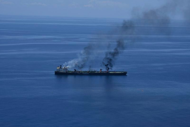 This photo released by the European Union's Operation Aspides shows fires burning aboard the oil tanker Sounion in the Red Sea on Sunday, Aug. 25, 2024. The EU mission said Monday that there were no signs of an oil spill emanating from the Sounion, which came under repeated attack by Yemen's Houthi rebels amid their campaign targeting shipping over the Israel-Hamas war in the Gaza Strip. (European Union's Operation Aspides via AP)