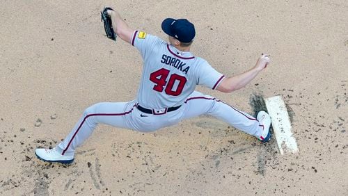 Atlanta Braves starting pitcher Michael Soroka throws during the first inning of a baseball game against the Milwaukee Brewers Friday, July 21, 2023, in Milwaukee. (AP Photo/Morry Gash)