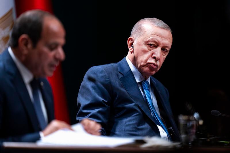 Turkish President Recep Tayyip Erdogan, right, listens to Egyptian President Abdel Fattah el-Sissi during a bilateral signature agreements ceremony at the Presidential palace in Ankara, Wednesday, Sept. 4, 2024. (AP Photo/Francisco Seco)