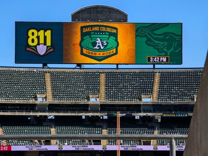 A view of the stadium scoreboard at the Oakland Coliseum is seen, Sept. 2, 2024, in Oakland, Calif. (AP Photo/Michael Liedtke)