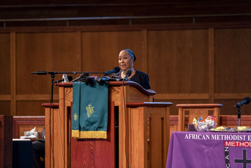 
                        Fani Willis, the Fulton County district attorney, speaks to leaders of the African Methodist Episcopal Church at Turner Chapel AME Church in Marietta, Ga., on Thursday, June 13, 2024. “I’ve lived the experience of a Black woman who is attacked and over-sexualized,” Willis told leaders of the African Methodist Episcopal Church on Thursday. (Leah Overstreet/The New York Times)
                      