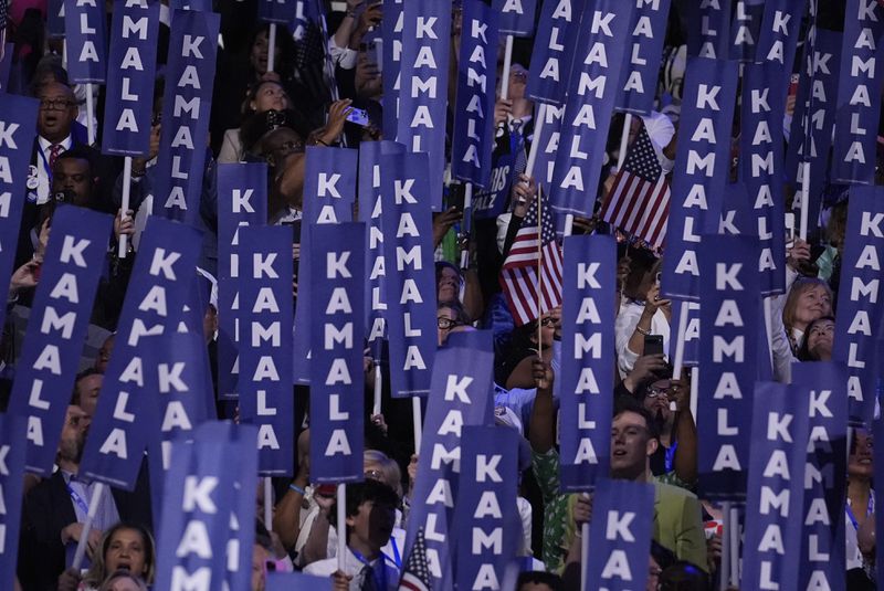 Delegates hold signs as Democratic presidential nominee Vice President Kamala Harris speaks during the Democratic National Convention Thursday, Aug. 22, 2024, in Chicago. (AP Photo/Brynn Anderson)