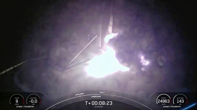 This image created from a SpaceX video, shows the moment when the SpaceX Falcon 9 rocket's first-stage fell over in flames after landing on an ocean platform offshore, Wednesday, Aug. 28, 2024, in the Atlantic Ocean. (SpaceX via AP)