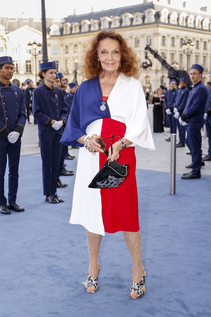 Diane von Furstenberg poses for photographers upon arrival at the Vogue World event on Sunday, June 23, 2024 in Paris. (Photo by Vianney Le Caer/Invision/AP)