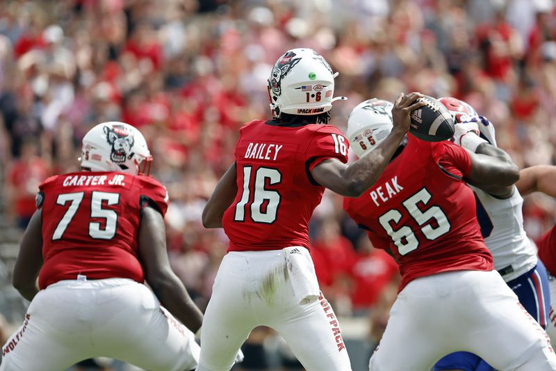 North Carolina State quarterback CJ Bailey (16) looks to throw the ball behind the protection of Anthony Carter Jr. (75) and Jacarrius Peak (65) during the second half of an NCAA college football game against Louisiana Tech in Raleigh, N.C., Saturday, Sept. 14, 2024. (AP Photo/Karl B DeBlaker)