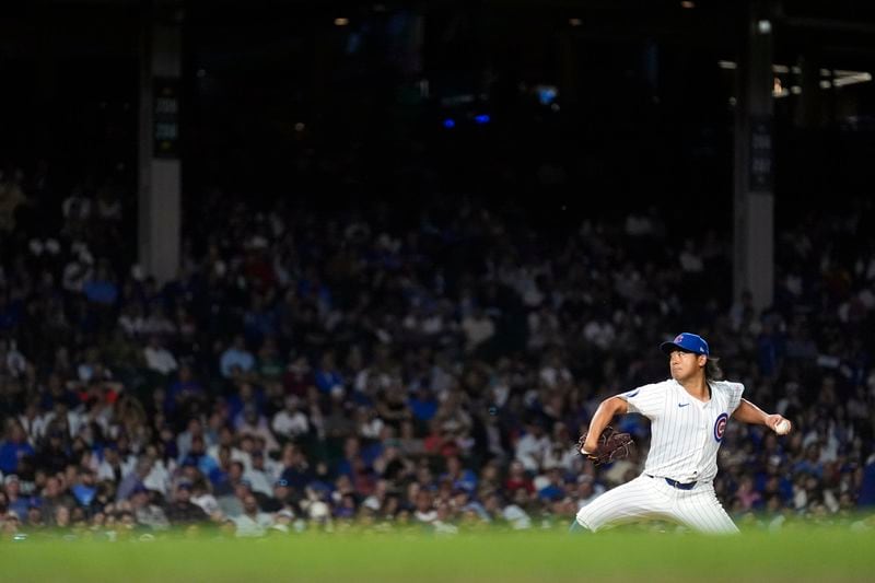 Chicago Cubs pitcher Shota Imanaga throws during the sixth inning of a baseball game against the Pittsburgh Pirates, Wednesday, Sept. 4, 2024, in Chicago. (AP Photo/Charles Rex Arbogast)