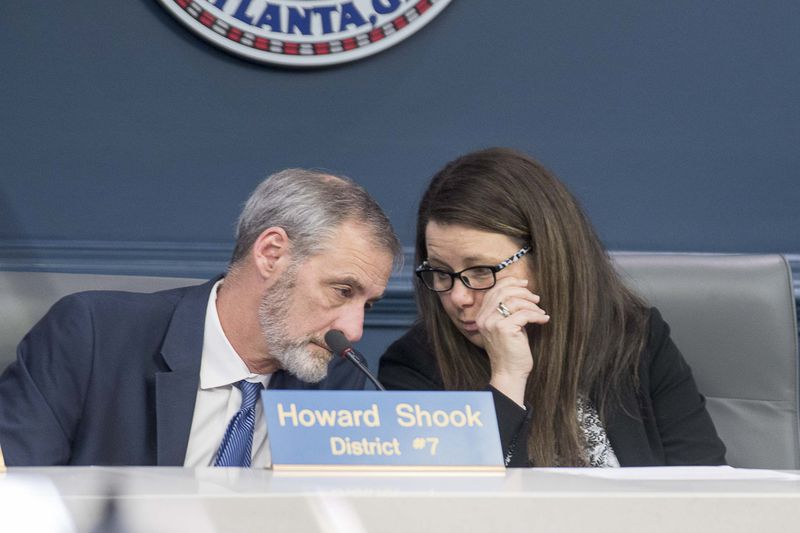 01/17/2019 — Atlanta, Georgia — Jennifer Ide (right), District 6 Atlanta City councilwoman and chairwoman of the Finance/Executive committee, speaks with District 7 Atlanta City councilman Howard Shook (left), vice-chair of the Finance/Executive committee, during a special called committee meeting to discuss creating an Inspector General at Atlanta City Hall, Friday, January 17, 2020. (ALYSSA POINTER/ALYSSA.POINTER@AJC.COM)