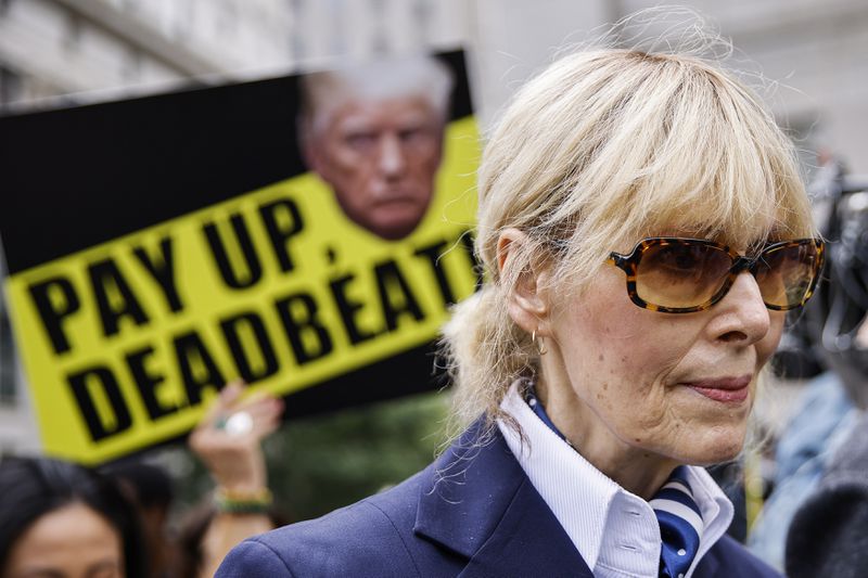 E. Jean Carroll exits the New York Federal Court after former President Donald Trump appeared in court, Friday, Sept. 6, 2024, in New York. (AP Photo/Eduardo Munoz Alvarez)