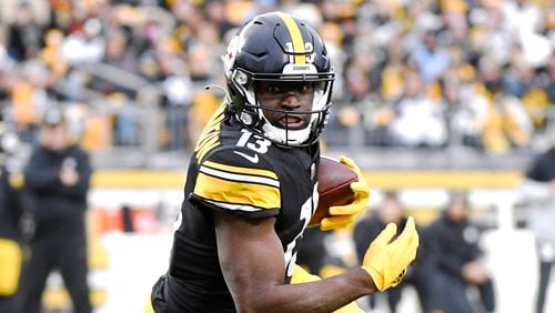 Pittsburgh Steelers wide receiver James Washington (13) plays against the Tennessee Titans during an NFL football game, Sunday, Dec. 19, 2021, in Pittsburgh. (AP Photo/Don Wright)