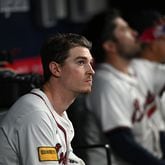Atlanta Braves pitcher Max Fried (54) watches from the dugout during the seventh inning at Truist Park in Atlanta on Tuesday, April 23, 2024. Atlanta Braves won 5-0 over Miami Marlins. (Hyosub Shin / AJC)