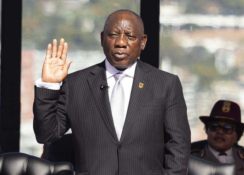 President Cyril Ramaphosa, is sworn in at his inauguration as President at the Union Buildings in Tshwane, South Africa, Wednesday June 19, 2024. (Kim Ludbrook/Pool Photo via AP)