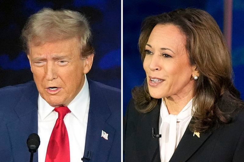 This combination of photos shows Republican presidential nominee former President Donald Trump, left, and Democratic presidential nominee Vice President Kamala Harris during an ABC News presidential debate at the National Constitution Center, Tuesday, Sept. 10, 2024, in Philadelphia. (AP Photo/Alex Brandon)