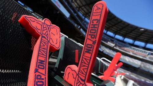 Foam tomahawks wait in the seats for fans for the Atlanta Braves and the Chicago Cubs in the Braves home opener MLB baseball game at SunTrust Park on Monday, April 1, 2019, in Atlanta.    Curtis Compton/ccompton@ajc.com