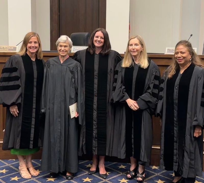 Judge Dorothy Toth Beasley (second from left) with the other female judges who have served as chief judge of the Georgia Court of Appeals (from left) Sara Doyle, Amanda Mercier, Anne Elizabeth Barnes and Yvette Miller. The photo was taken during Mercier’s swearing-in as chief in June 2023. (Courtesy Georgia Court of Appeals)