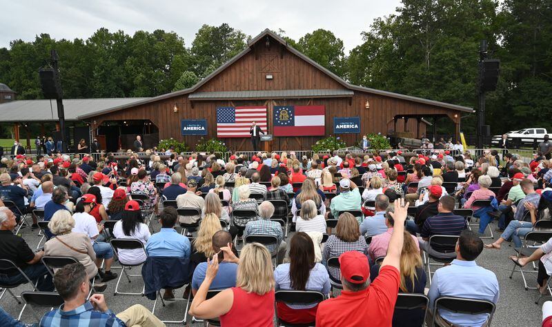 September 15, 2020 Cumming - President Donald Trump's son, Eric Trump speaks during the 'Evangelicals for Trump: Praise, Prayer, and Patriotism' event at Reid Barn in Cumming on Tuesday, September 15, 2020. Other guests include Pastor Paula White, Pastor Jentezen Franklin, Dr. Alveda King, Pastor Todd Lamphere, and Pastor Tony Suarez. (Hyosub Shin / Hyosub.Shin@ajc.com)