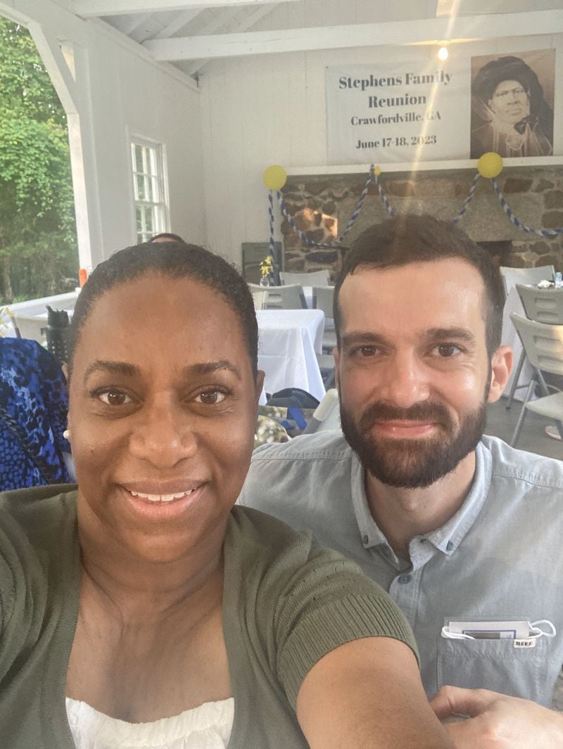 Jill Patton (left) and Alexander M. Stephens (right) meet at the Stephens family reunion. Alexander H. Stephens was the vice president of the Confederacy, a Georgia governor, and a slave owner. Over the Juneteenth weekend of June 17-18, 2023, Stephens' heirs - Black and white - gathered at Liberty Hall, his estate-turned-state park in Crawfordville, Ga., to address their shared history.