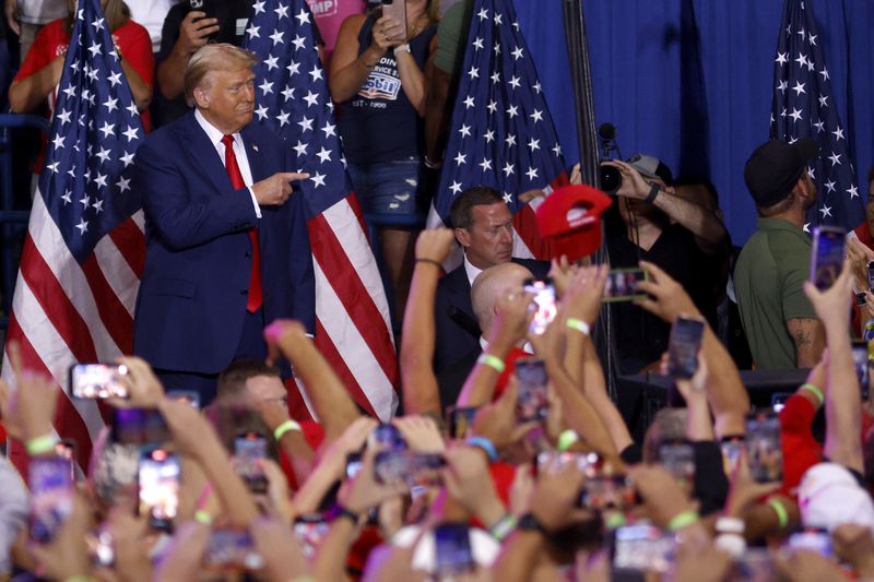 Republican presidential nominee former President Donald Trump arrives to speak at a campaign rally at the Mohegan Sun Arena at Casey Plaza in Wilkes-Barre, Pa., Saturday, Aug. 17, 2024. (AP Photo/Laurence Kesterson)