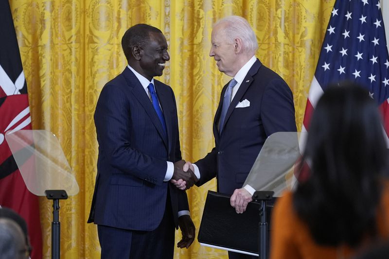 President Joe Biden and Kenya's President William Ruto shake hands following a news conference in the East Room of the White House in Washington, Thursday, May 23, 2024. (AP Photo/Susan Walsh)