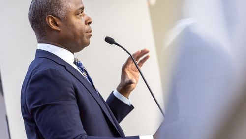 MARTA General Manager and CEO Collie Greenwood presents to the Atlanta City Council transportation committee at City Hall in Atlanta on Wednesday, June 14, 2023. (Arvin Temkar / arvin.temkar@ajc.com)