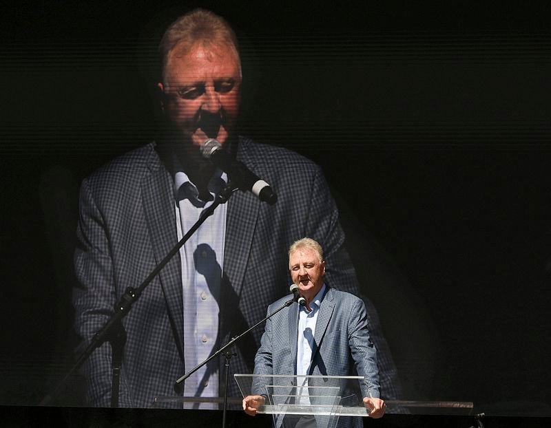 Indiana State University and Boston Celtics great Larry Bird thanks the crowd for attending during the grand opening ceremony for the Larry Bird Museum, Thursday, May 30, 2024, in Terre Haute, Ind. (Joseph C. Garza/The Tribune-Star via AP)