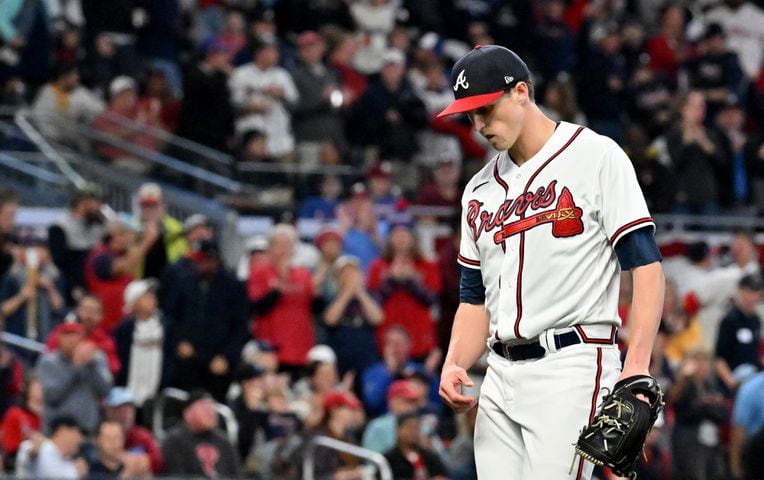 Atlanta Braves starting pitcher Kyle Wright (30) exits the mound after the second inning of game two of the National League Division Series baseball game against the Phillies at Truist Park in Atlanta on Wednesday, October 12, 2022. (Hyosub Shin / Hyosub.Shin@ajc.com)