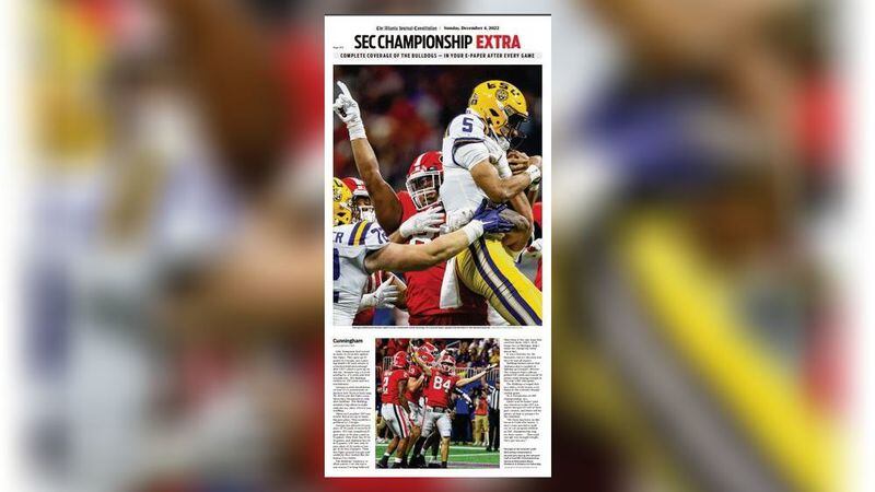 Atlanta Journal-Constitution ePaper bonus coverage of Georgia Bulldogs becoming SEC champions.