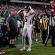 Atlanta Falcons wide receiver Drake London reacts to scoring a touchdown during the second half of an NFL football game against the Philadelphia Eagles on Monday, Sept. 16, 2024, in Philadelphia. (AP Photo/Matt Rourke)