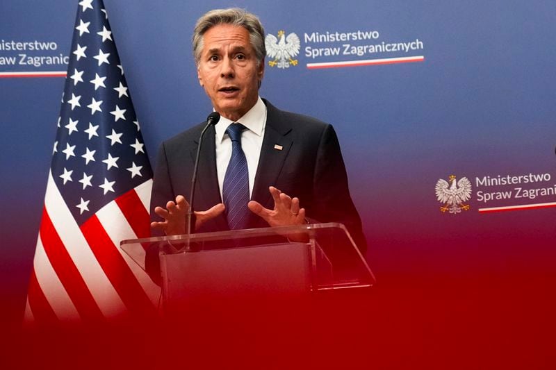 U.S. Secretary of State, Antony Blinken speaks during a news conference with Polish Foreign Minister Radosław Sikorski in Warsaw, Poland, Thursday, Sept. 12, 2024. (AP Photo/Mark Schiefelbein, Pool)