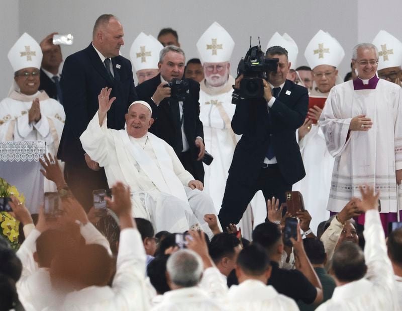 Pope Francis prepares to depart after leading a Holy Mass at Gelora Bung Karno Stadium, in Jakarta, Thursday, Sept. 5, 2024. (Adi Weda/Pool Photo via AP)