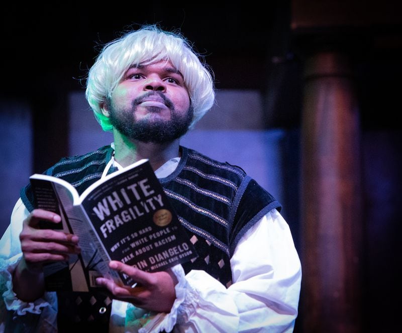 To be or not to be: Hamlet (O’Neil Delapenha) reads "words, words, words” from “White Fragility.”