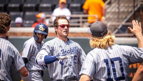 Georgia Tech center fielder Colin Hall (sunglasses) celebrates with first baseman Andrew Jenkins (No. 10) after Hall's home run against Alabama State in an NCAA regional tournament game June 4, 2022 in Knoxville, Tenn. (Georgia Tech Athletics/Gage Jenkins)