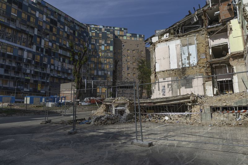 A view of the damage to Okhmatdyt children's hospital in Kyiv, Ukraine Saturday Sept. 14, 2024 which was destroyed after a Russian missile strike on July 8. (AP Photo/Anton Shtuka)