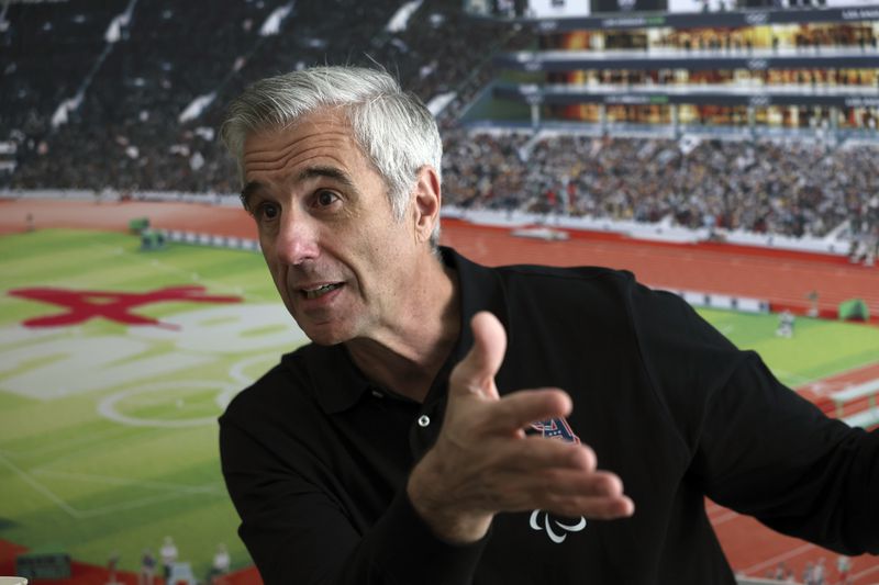 Reynold Hoover discusses the Los Angeles 2028 Paralympics at the LA28 office in Paris, Friday, Sept. 6, 2024. (AP Photo/Kileigh Kane)