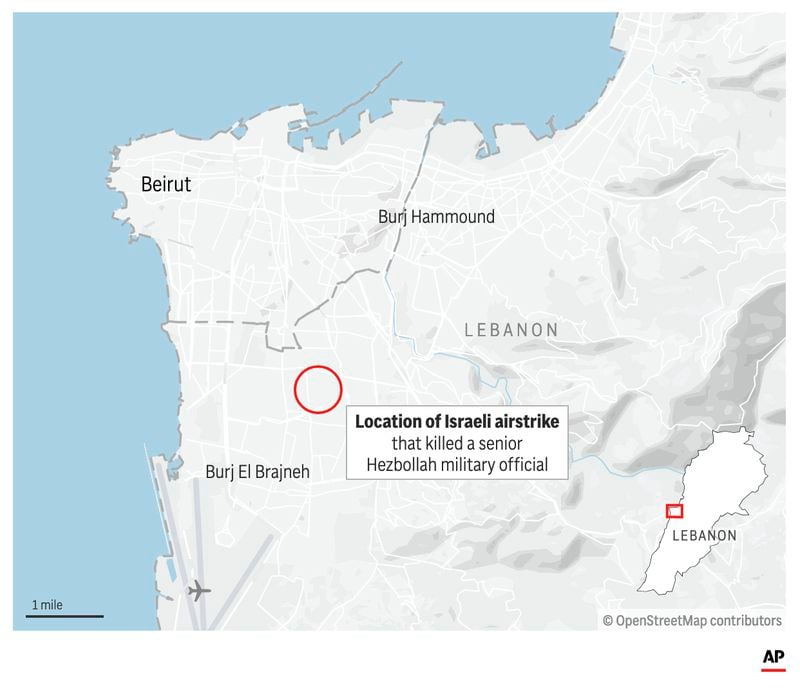 The map above shows the location of an Israeli strike near Beirut that killed a Hezbollah commander. (AP Digital Embed)