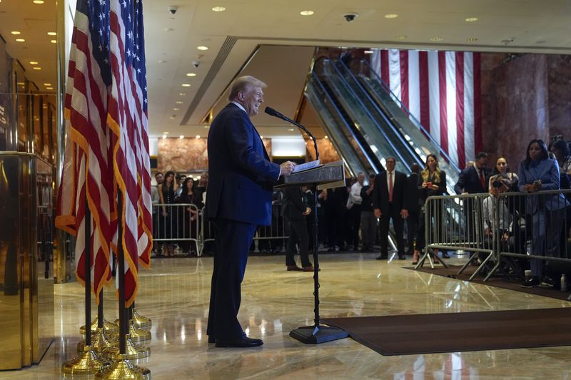 Republican presidential nominee former President Donald Trump speaks at Trump Tower in New York, Thursday, Sept. 26, 2024. (Seth Wenig)