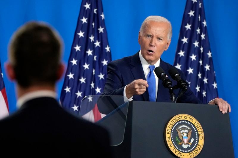 President Joe Biden talks about children dying from gun violence as he speaks at a news conference Thursday July 11, 2024, on the final day of the NATO summit in Washington. (AP Photo/Jacquelyn Martin)