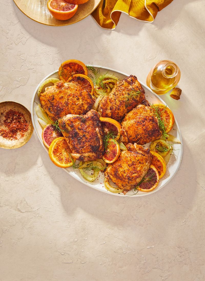 Baked Chicken with Blood Orange and Fennel bursts with bright citrusy flavor and savory spice in every bite.
 
Reprinted with permission from “The Mediterranean Dish: Simply Dinner” by Suzy Karadsheh, copyright© 2024. Photographs by Caitlin Bensel. Published by Clarkson Potter, a division of Penguin Random House, LLC.